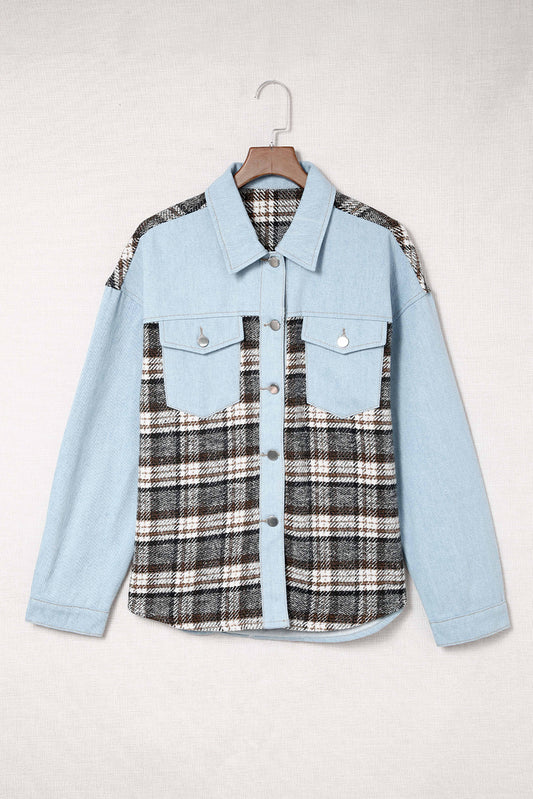 Plaid Contrast Button Down Denim Jacket