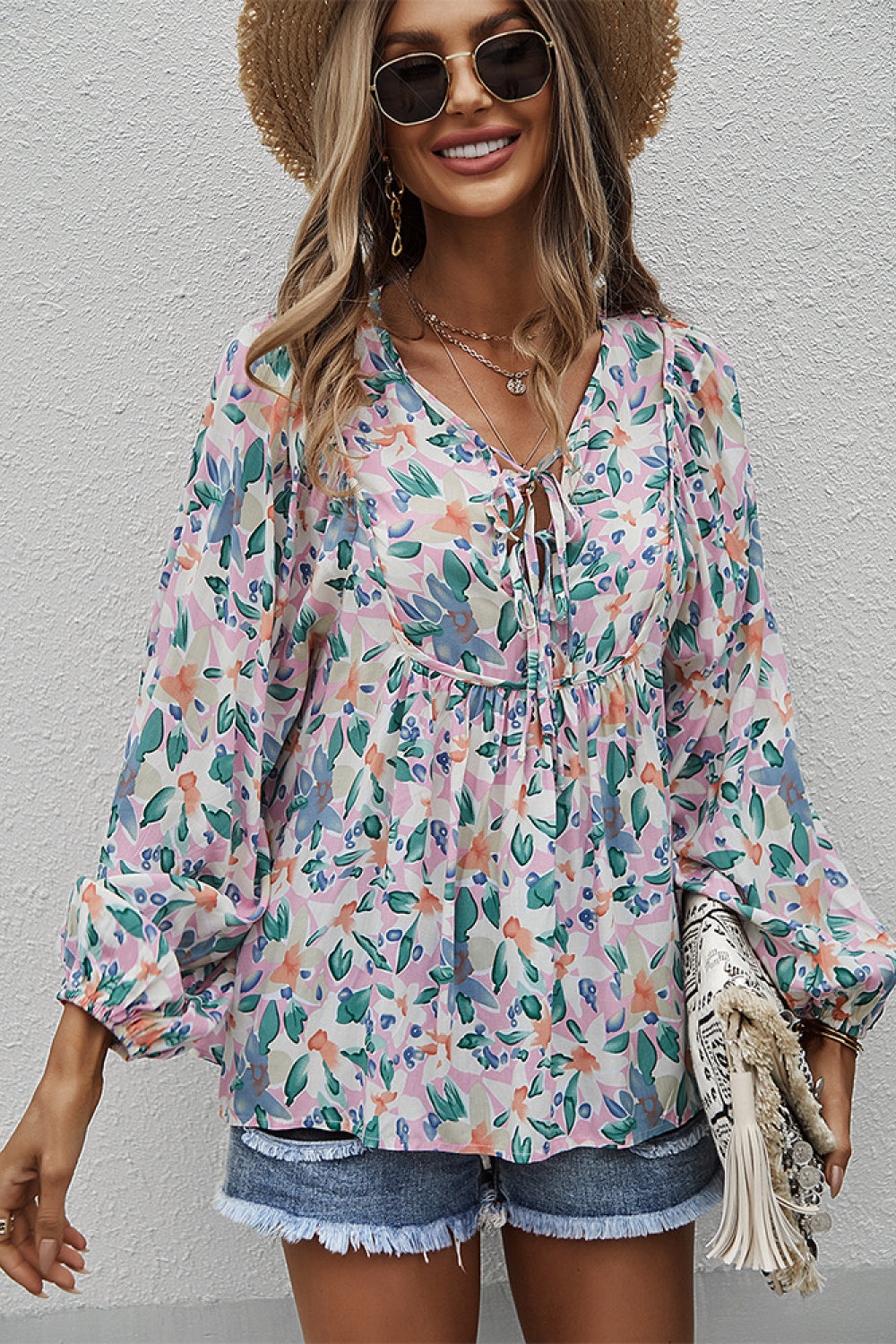 Floral Tie Neck Babydoll Blouse