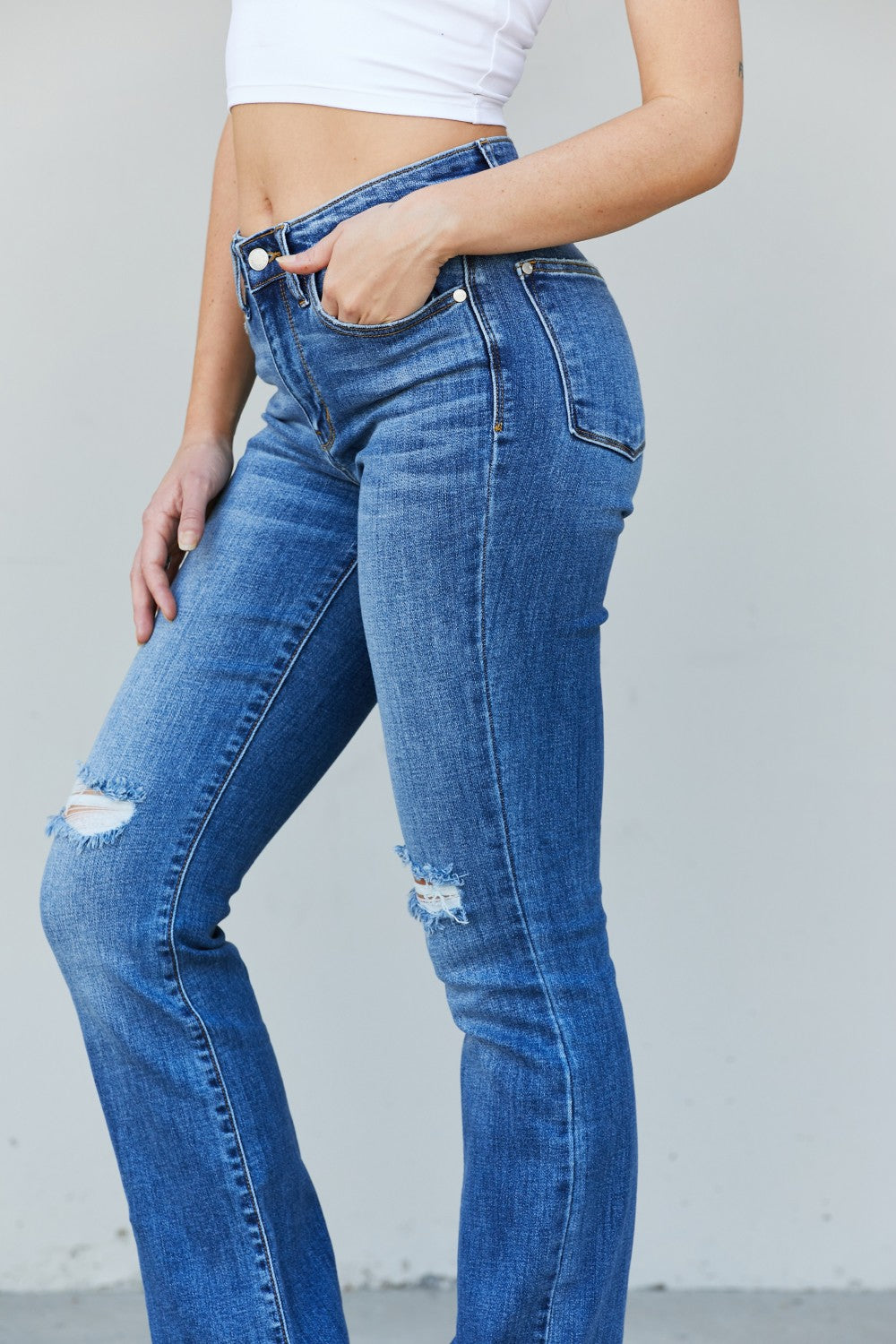 Judy Blue Full Size Distressed Knee Bootcut Jeans