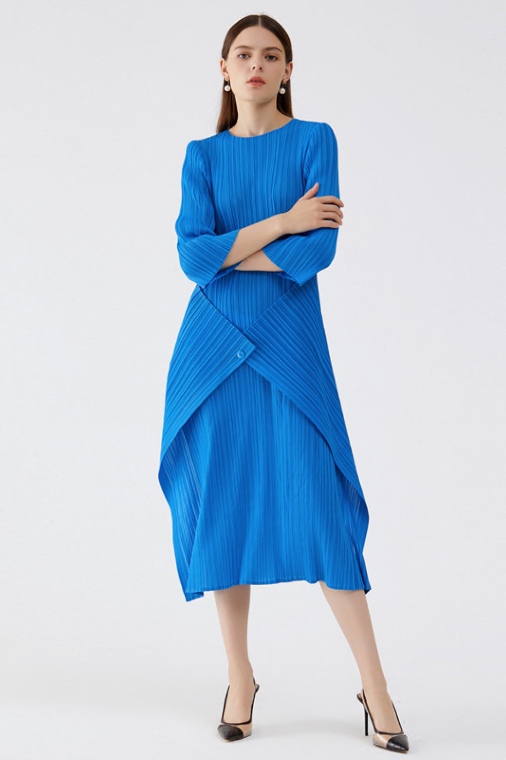 Accordion Pleated Midi Dress with Button Detail