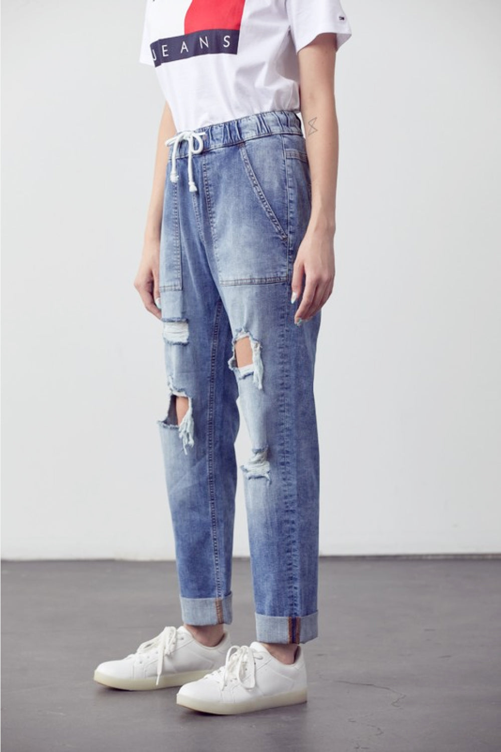 Muselooks Drawstring Waist Distressed Cuffed Jeans