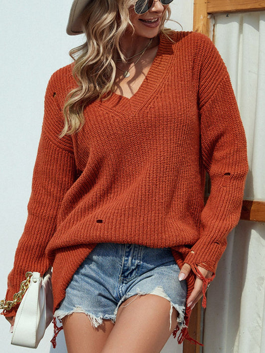 Distressed V-Neck Rib-Knit Sweater