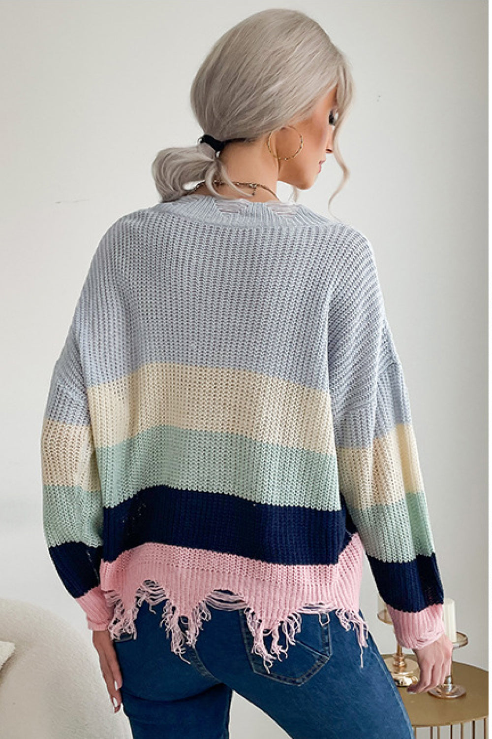 Color Block Distress embroidered Sweater