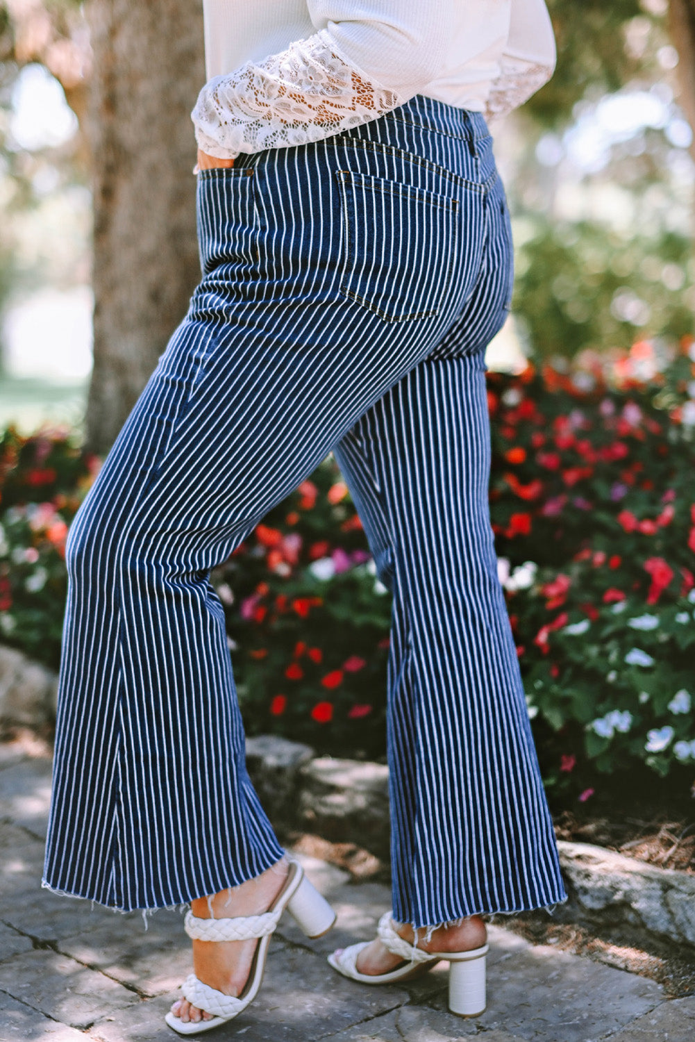 Plus Size Pinstripe Raw Hem Flare Pants