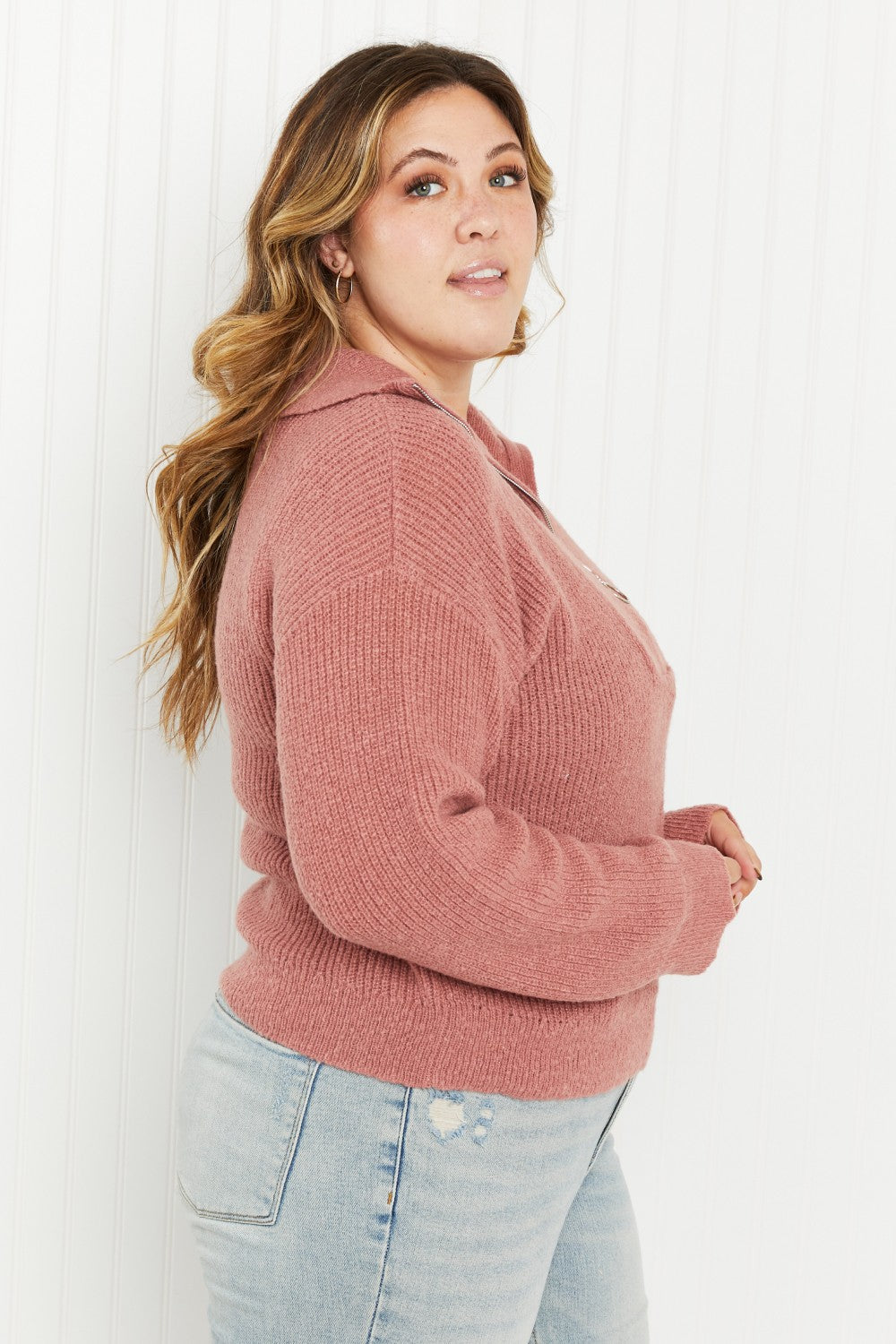 Andree by Unit Central Park Full Size Half-Zip Ribbed Sweater