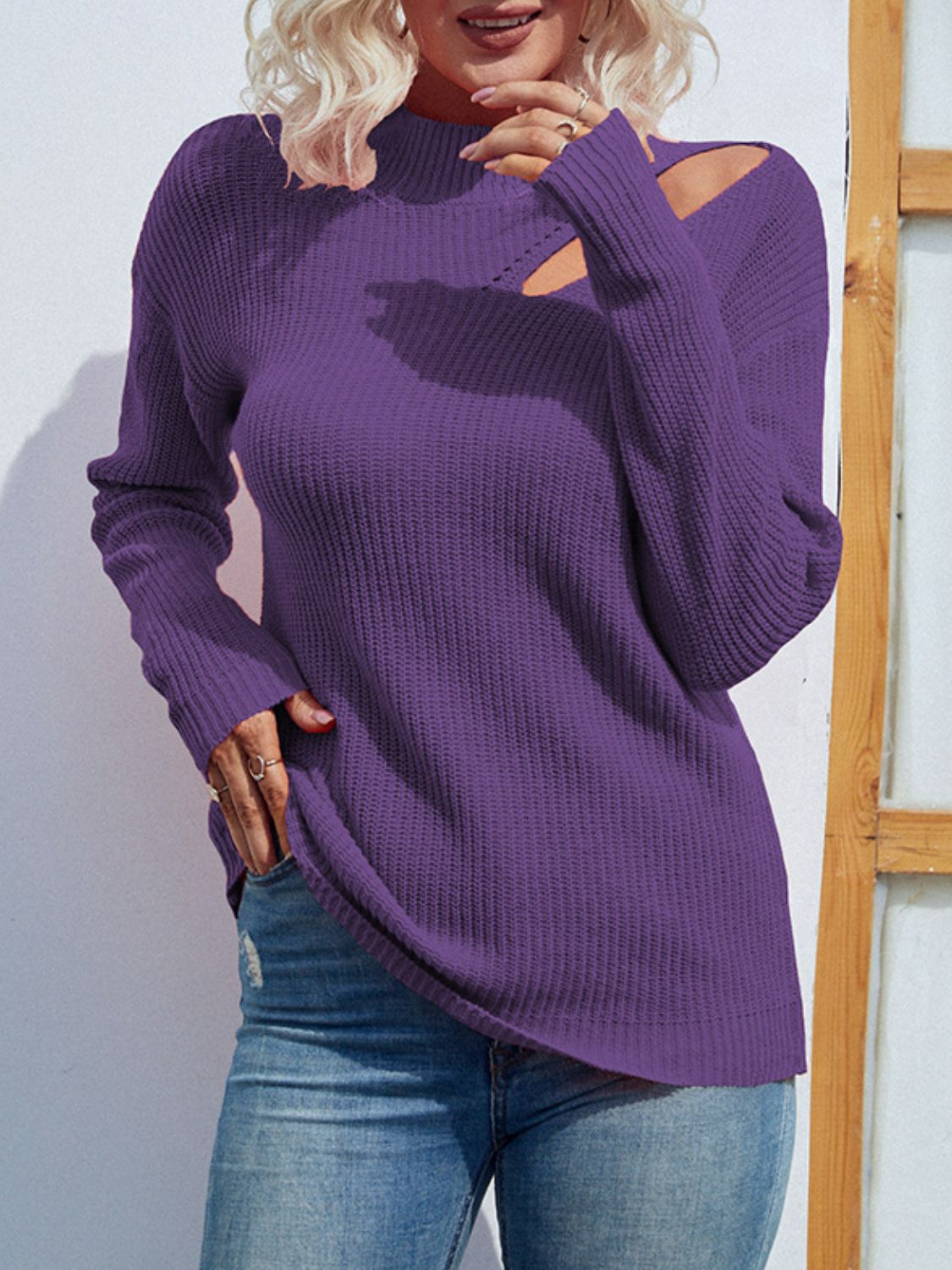 Cutout Ribbed Trim Tunic Sweater