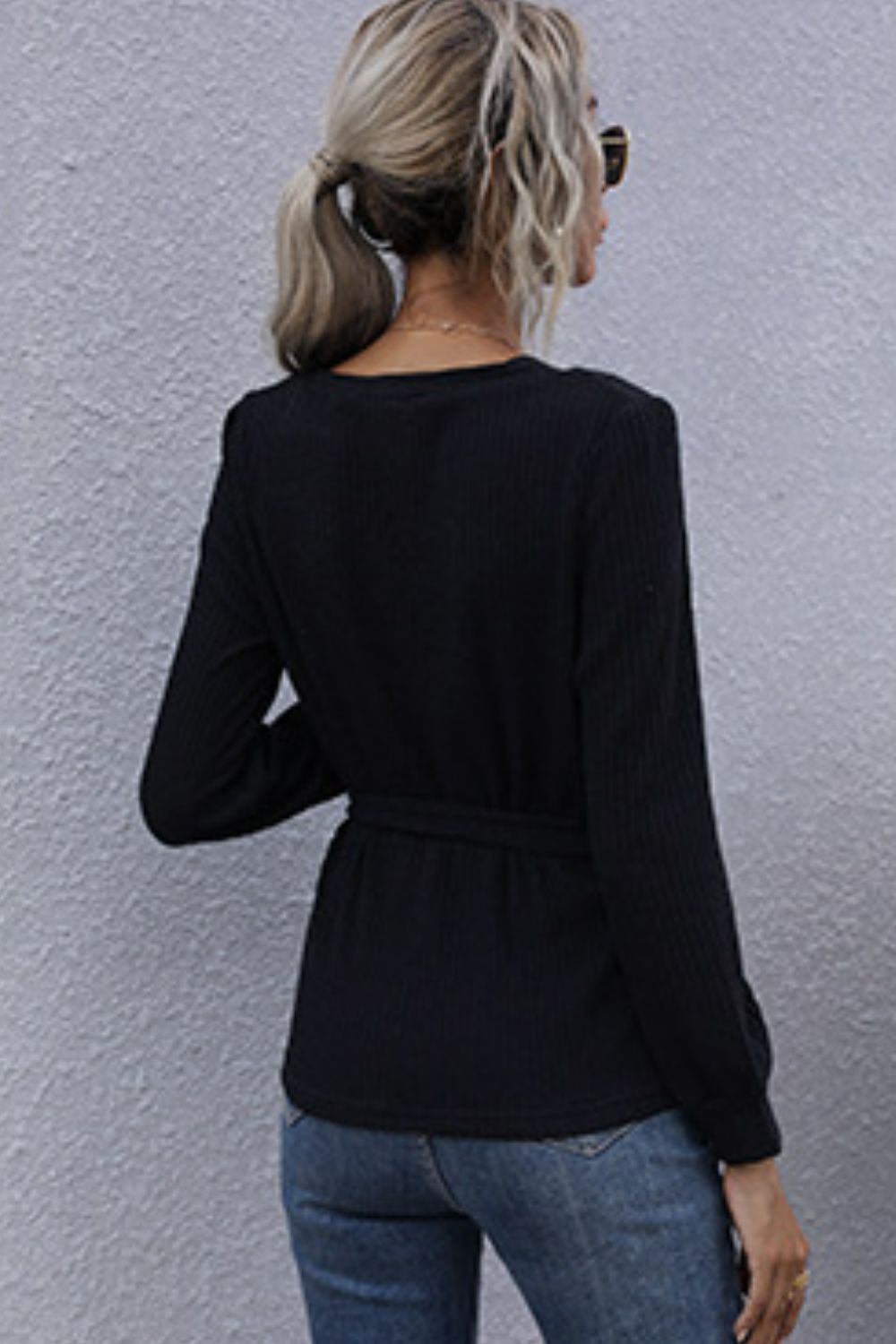 Side Tie Surplice Rib-Knit Top