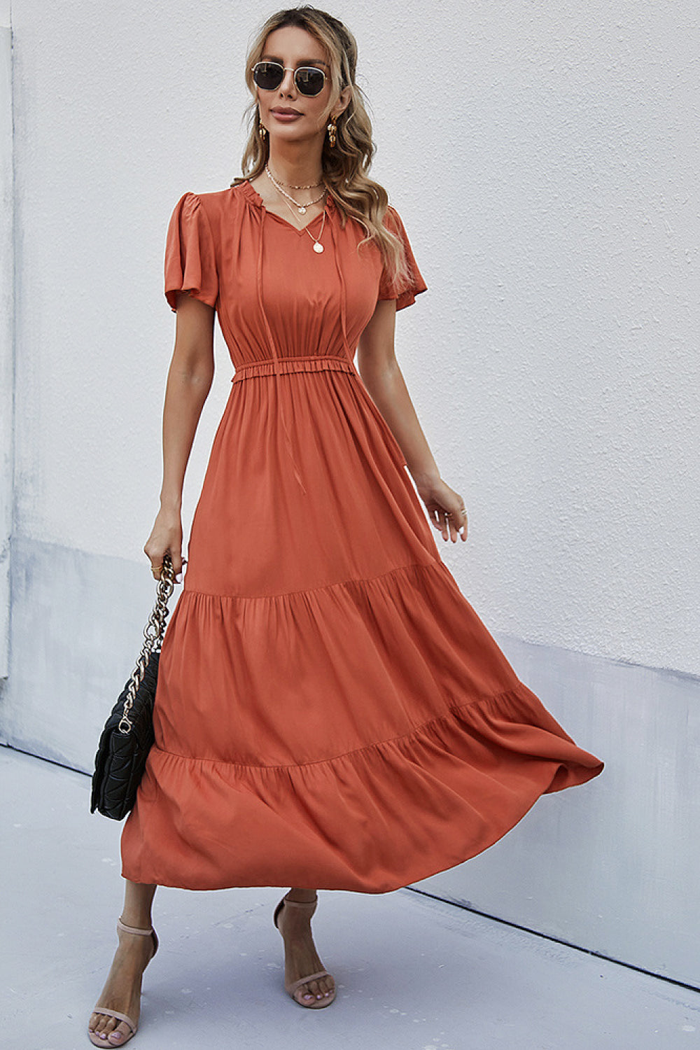 V-Neck Butterfly Sleeve Midi Dress