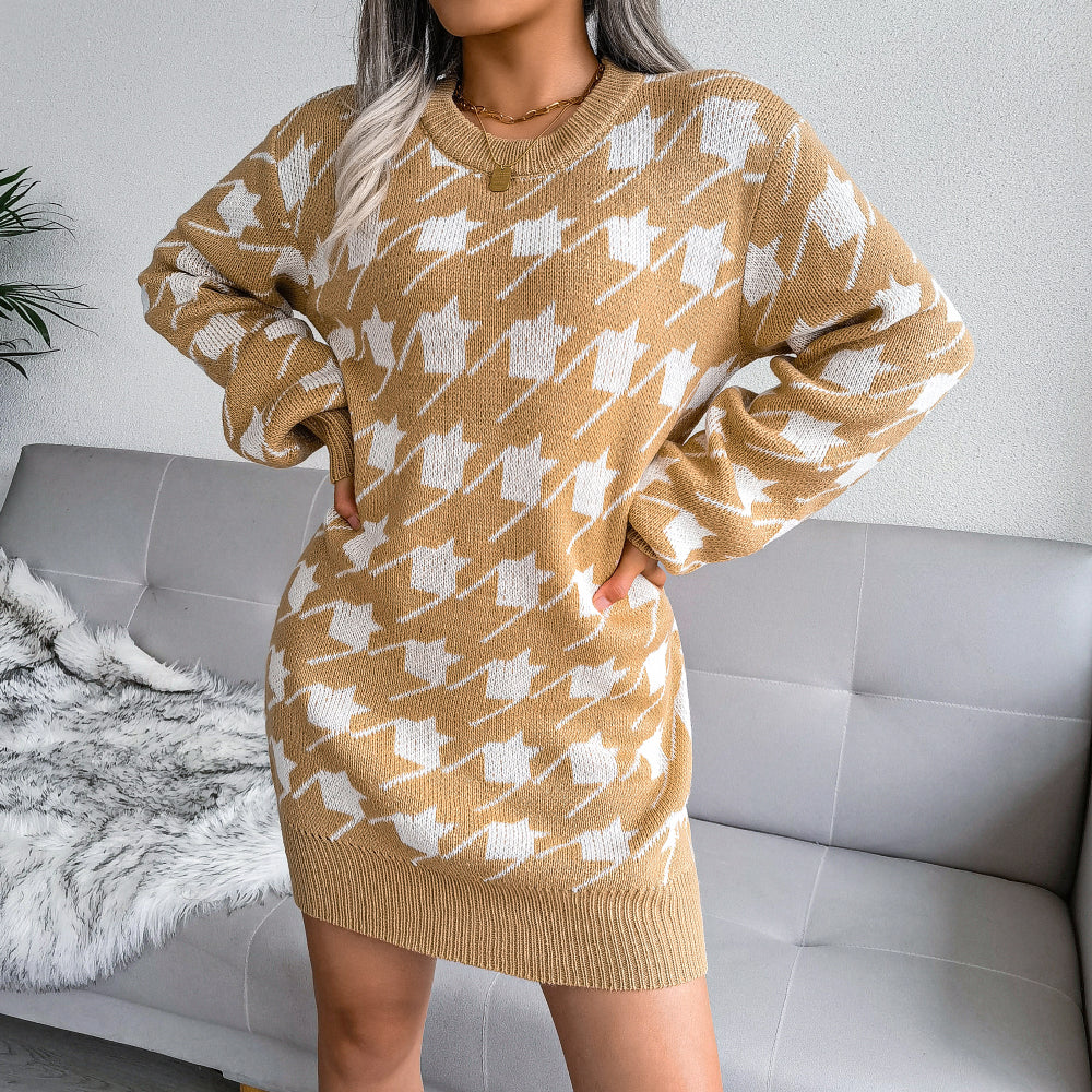 Hoodstooth Crewneck Sweater Dress（Belt Not Included)