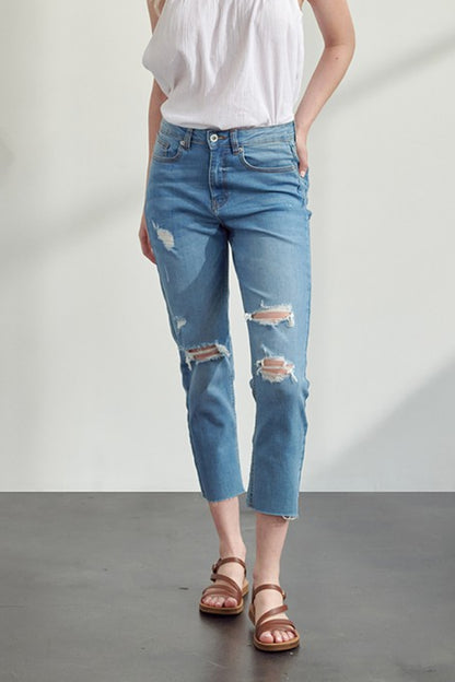 Muselooks Distressed High-Rise Raw Hem Cropped Jeans