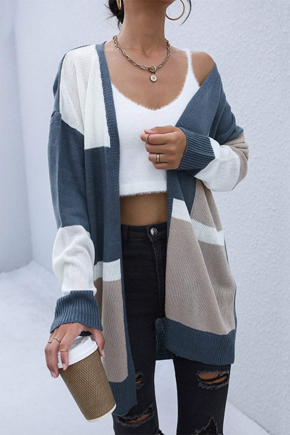 Color Block Dropped Shoulder Cardigan