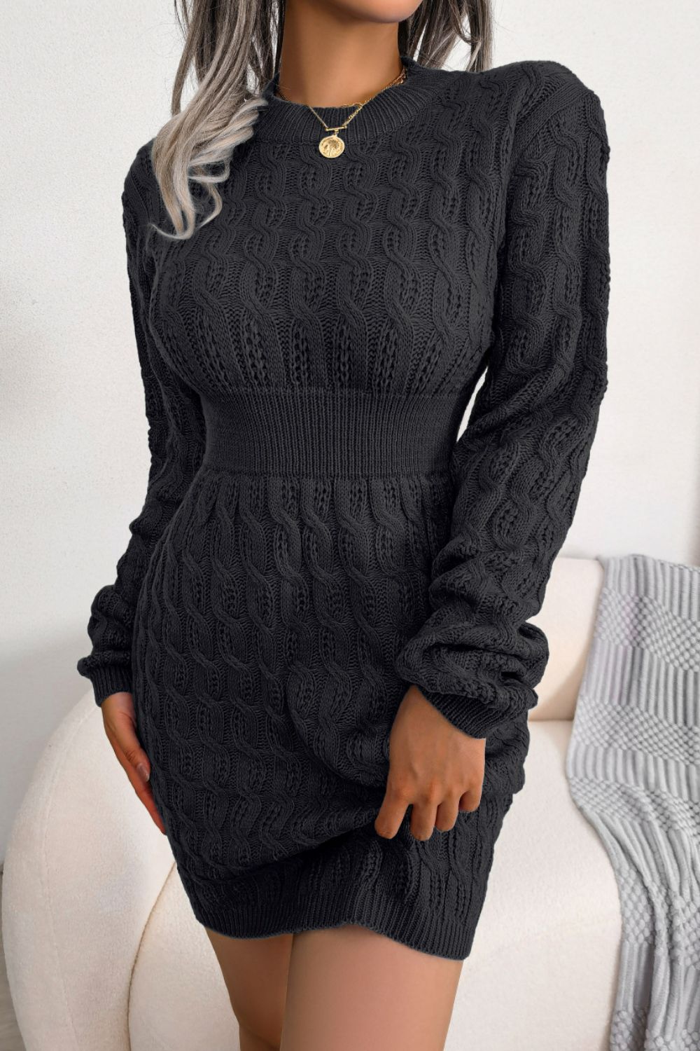 Cable-Knit Long Sleeve Mini Sweater Dress