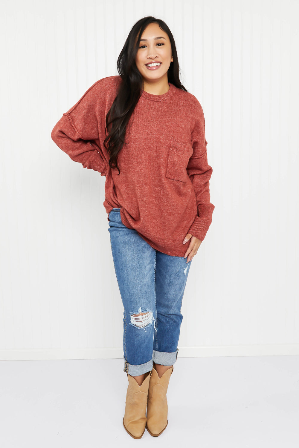 Zenana Forest in Fall Full Size High-Low Hem Pocket Sweater