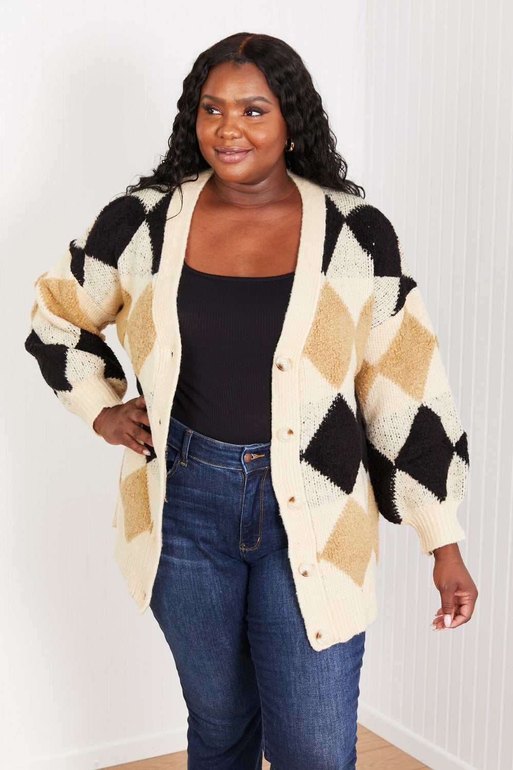 CY Fashion Know-It-All Full Size Argyle Longline Cardigan