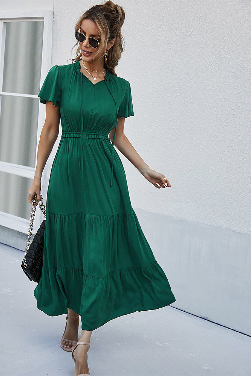 V-Neck Butterfly Sleeve Midi Dress