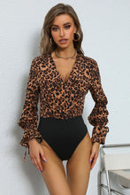 Load image into Gallery viewer, Leopard Print Tie Cuff Spliced Bodysuit
