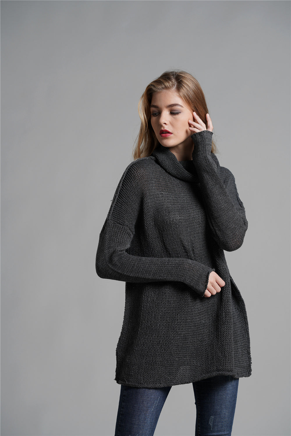 Exposed Seam Funnel Neck Tunic Sweater