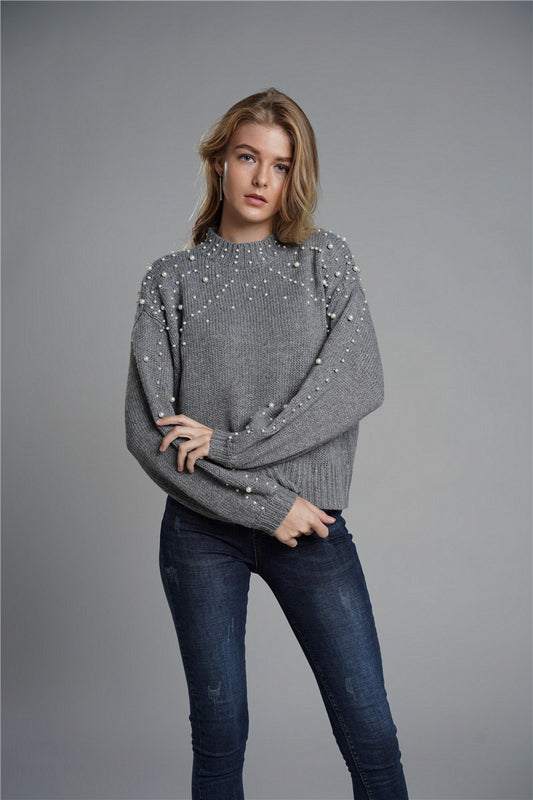 Faux Pearl Detail Mock Neck Sweater