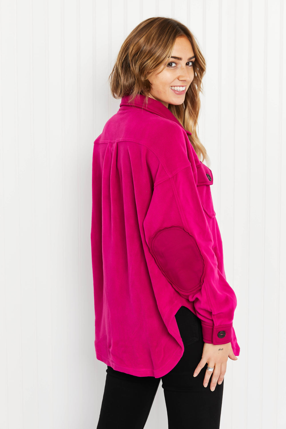 Zenana Cozy in the Cabin Full Size Fleece Elbow Patch Shacket in Magenta