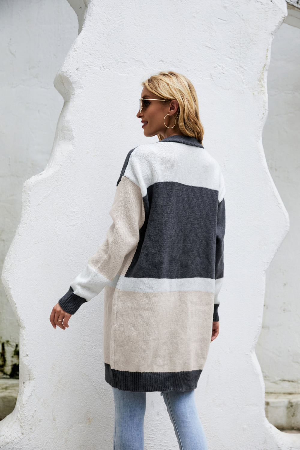 Color Block Ribbed Trim Open Front Cardigan