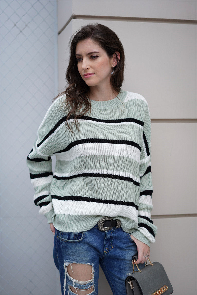 Striped Rib-Knit Round Neck Long Sleeve Sweater