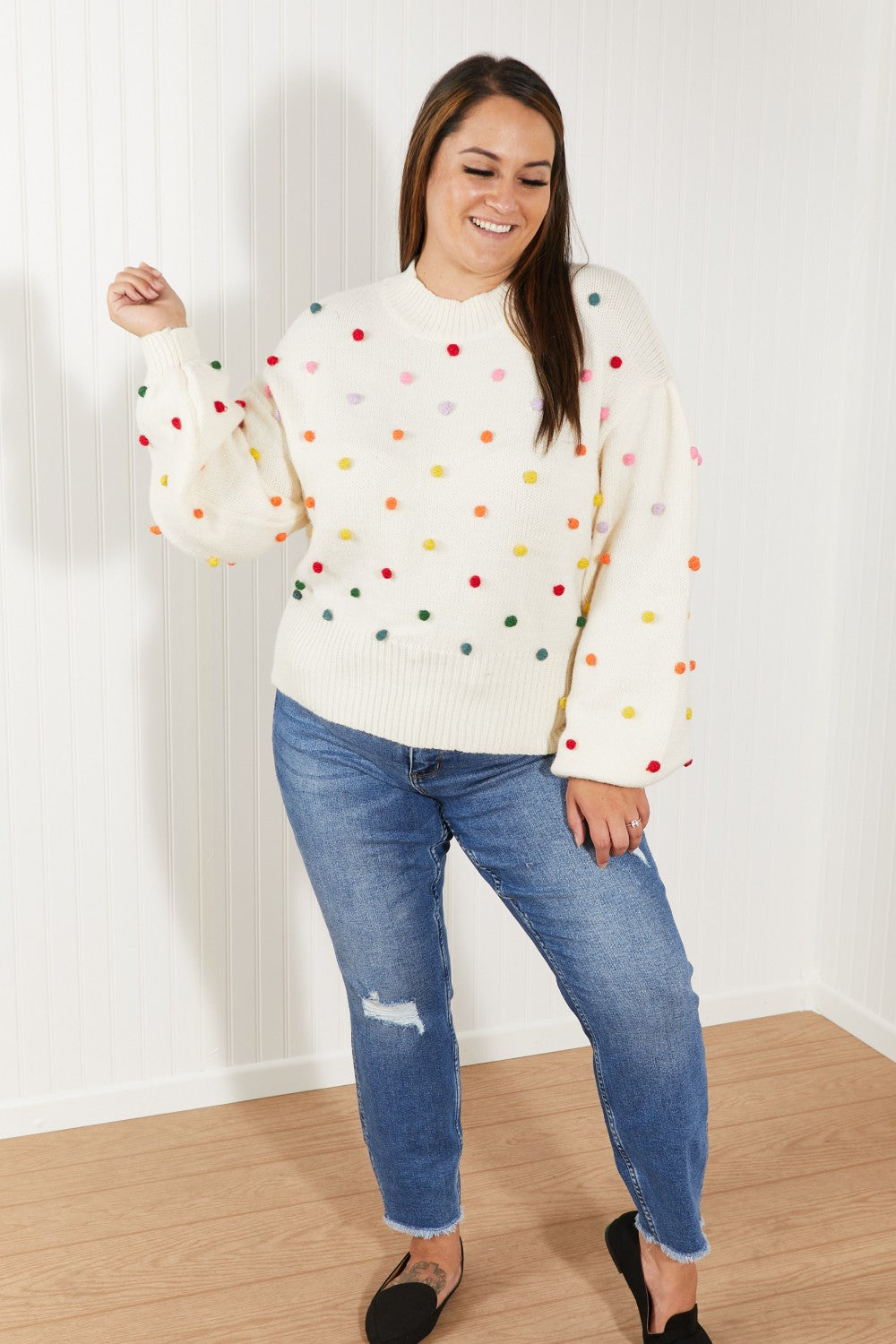 Davi & Dani Pop of Color Full Size Rainbow Pom Pom Sweater