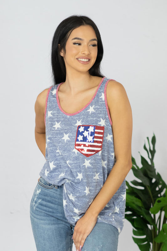 e. Luna Star Spangled Full Size Printed Sequin Pocket Tank