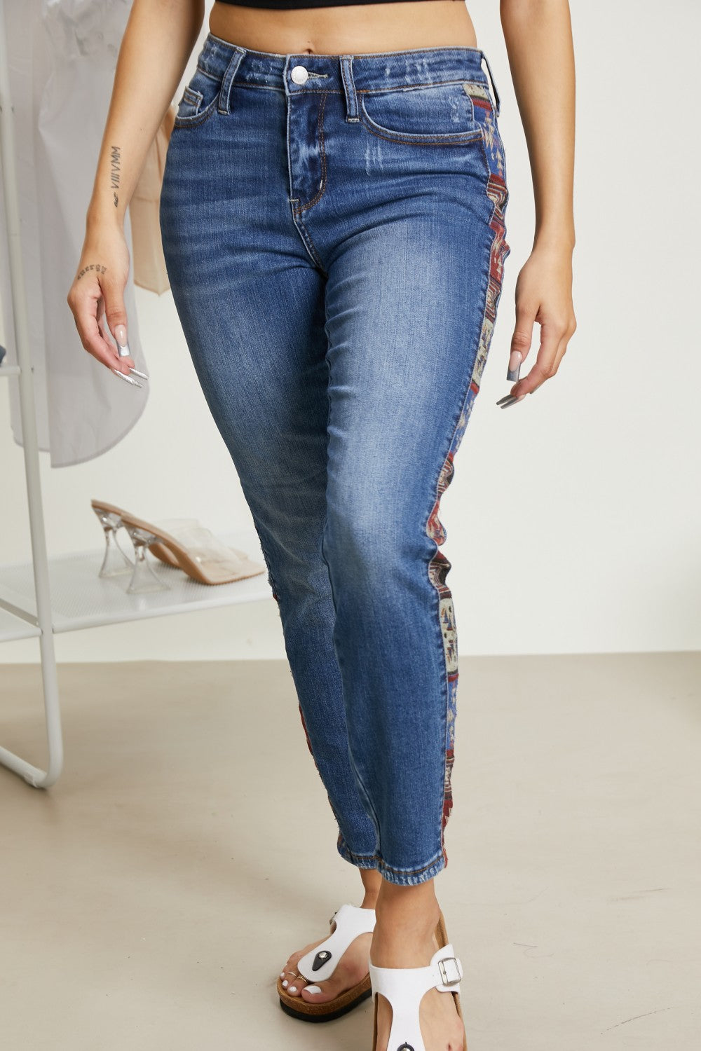 Judy Blue Andie Full Size Geometric Print Trim Mid-Rise Relaxed Jeans