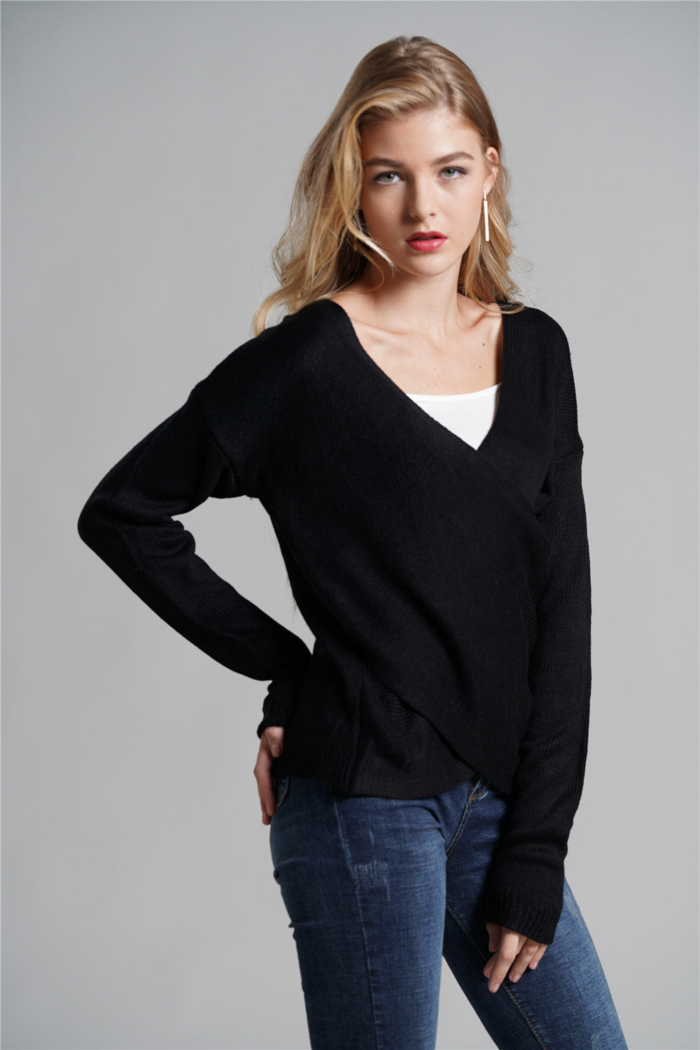 Tulip Hem Surplice Knit Sweater