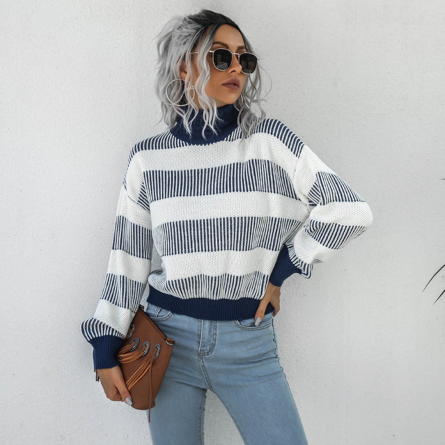 Striped Ribbed Trim Lantern Sleeve Turtleneck Sweater