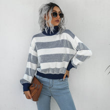 Load image into Gallery viewer, Striped Ribbed Trim Lantern Sleeve Turtleneck Sweater
