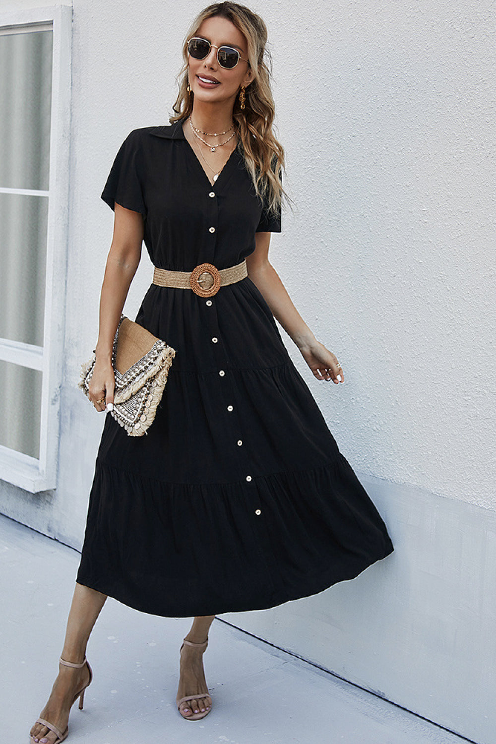 Collared Tiered Midi Shirt Dress (Belt Not Included)