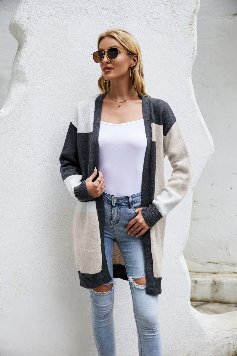 Color Block Ribbed Trim Open Front Cardigan