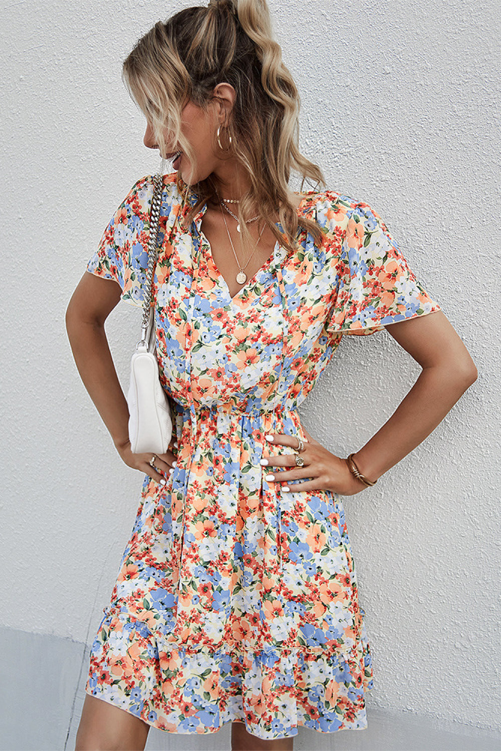 Floral Tie Neck Elastic Waist Mini Dress