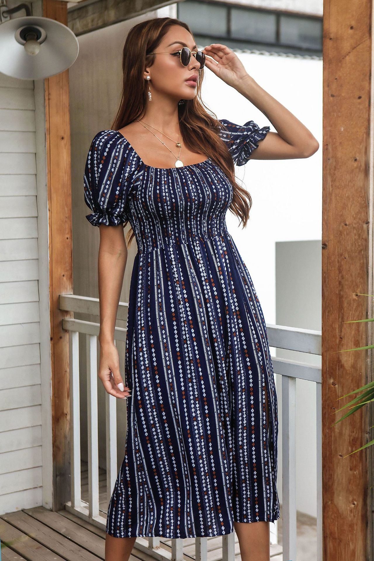 Geometric Print Side Slit Puff Sleeve Midi Dress