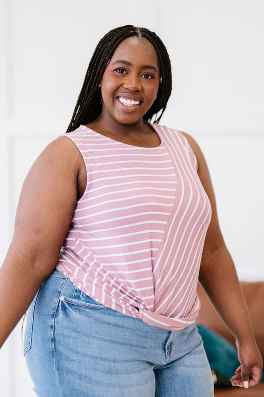 Zenana Just a City Girl Full Size Striped Twist Detail Tank in Light Rose