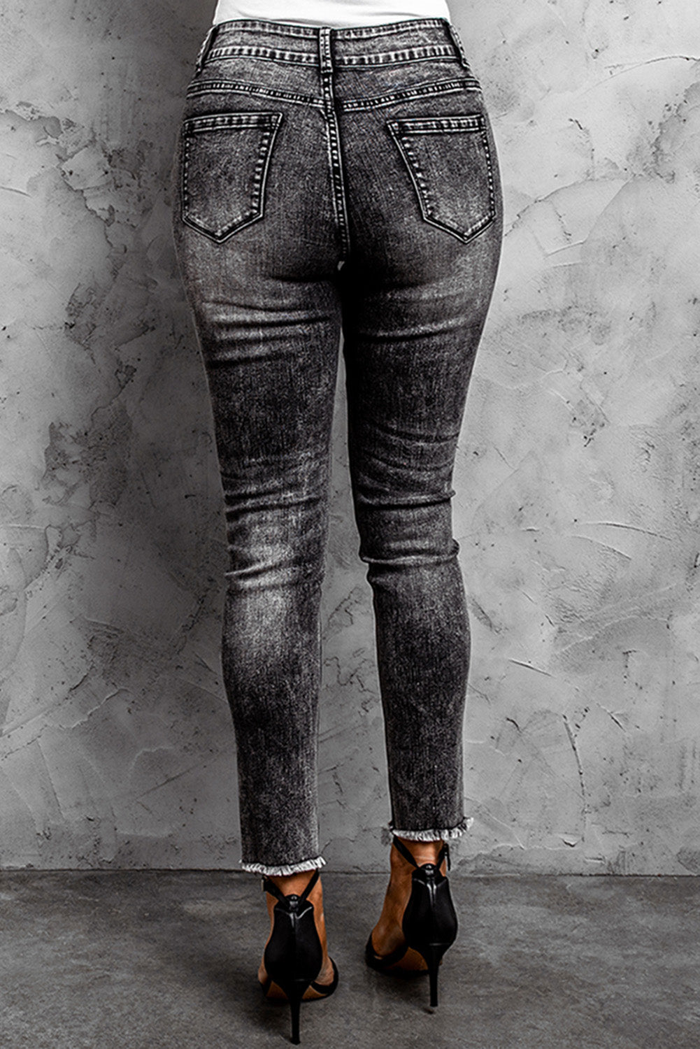 Acid Wash Raw Hem Distressed Jeans