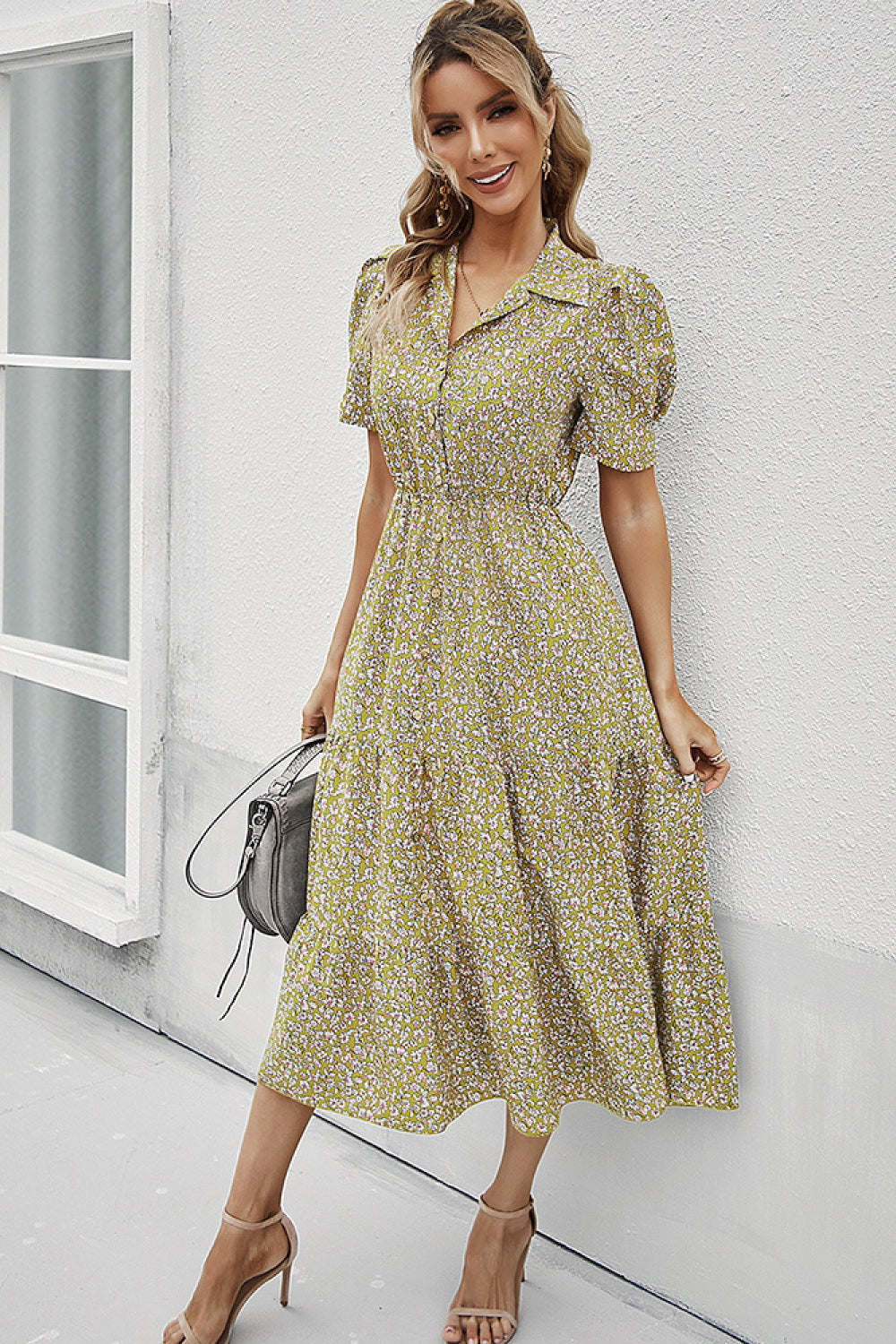 Floral Puff Sleeve Midi Dress