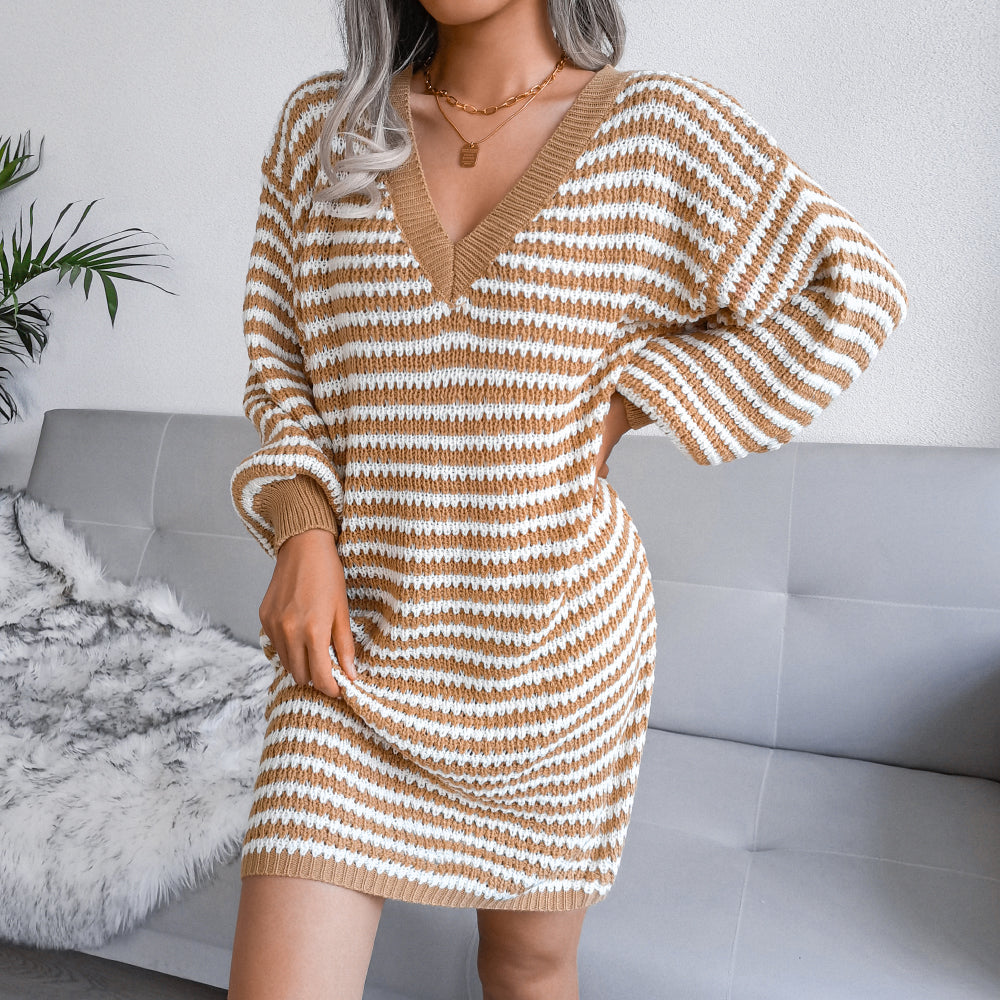 Striped Lantern Sleeve Mini Sweater Dress