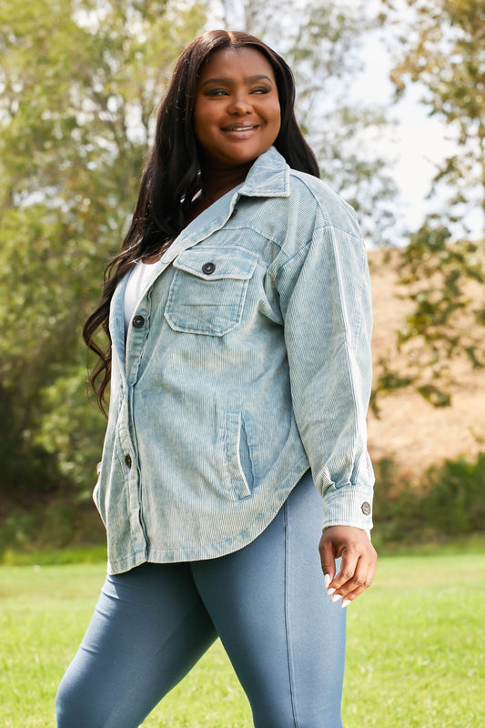 Zenana Corn Maze Full Size Vintage Washed Corduroy Shacket in Blue Grey