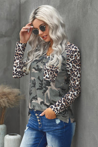 Leopard Camouflage Print V-Neck Long Sleeve Tee