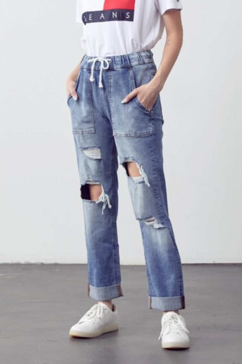 Muselooks Drawstring Waist Distressed Cuffed Jeans