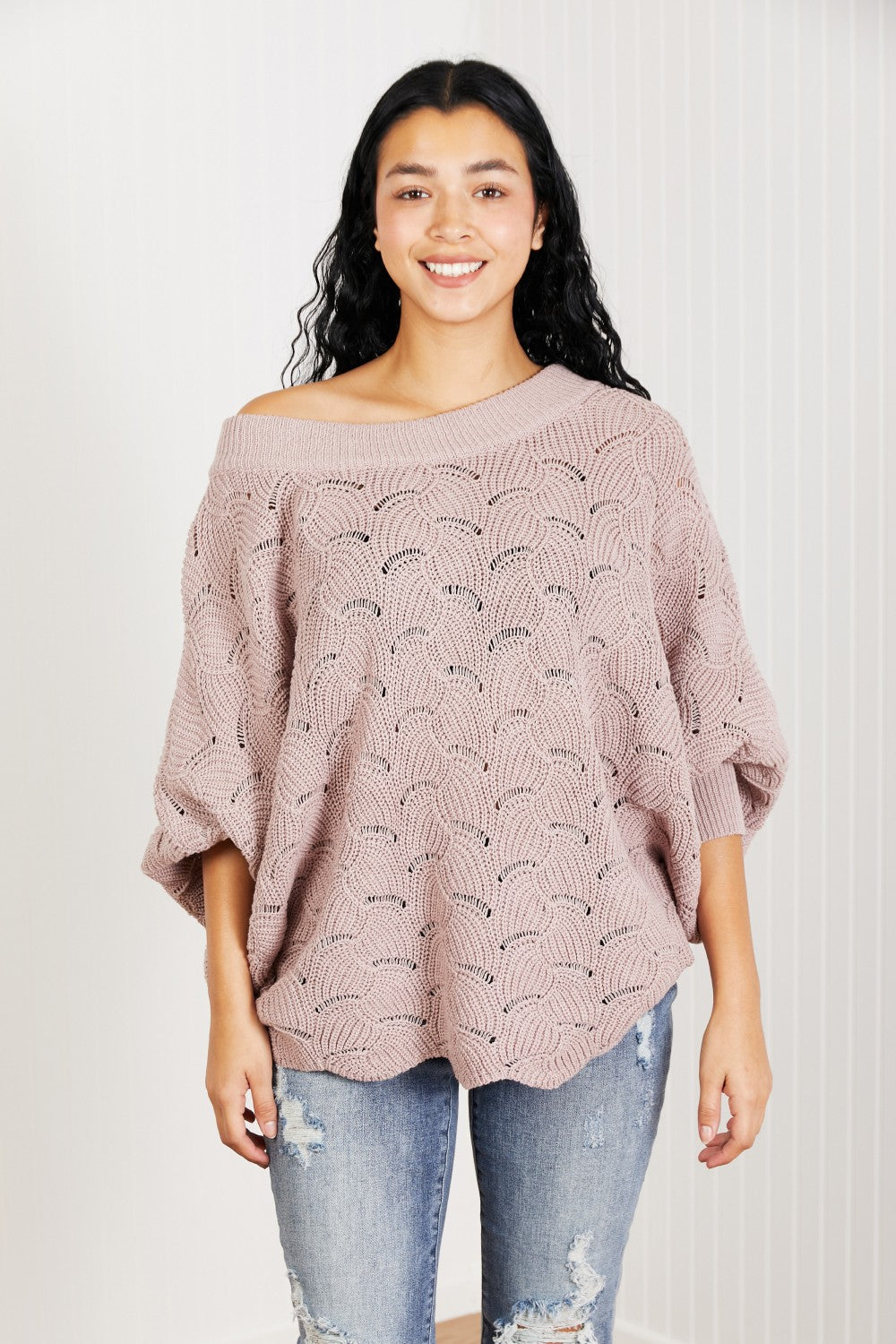 Sweet Lovely by Jen Drift Away Full Size Scallop Sweater