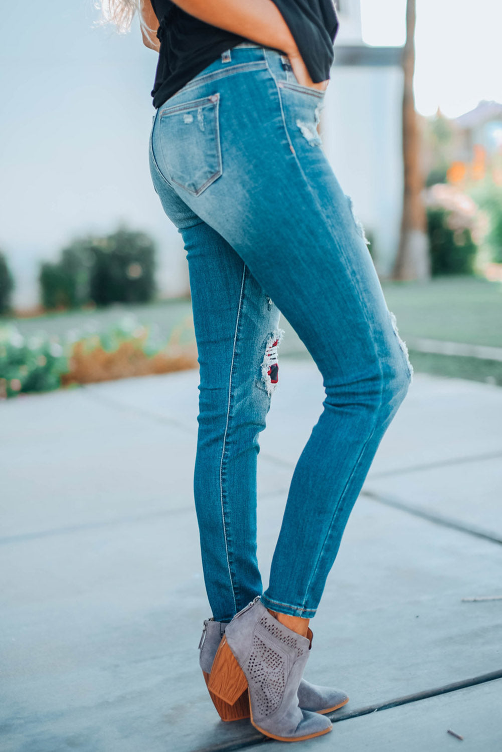 Plaid Patch Destroyed Jeans