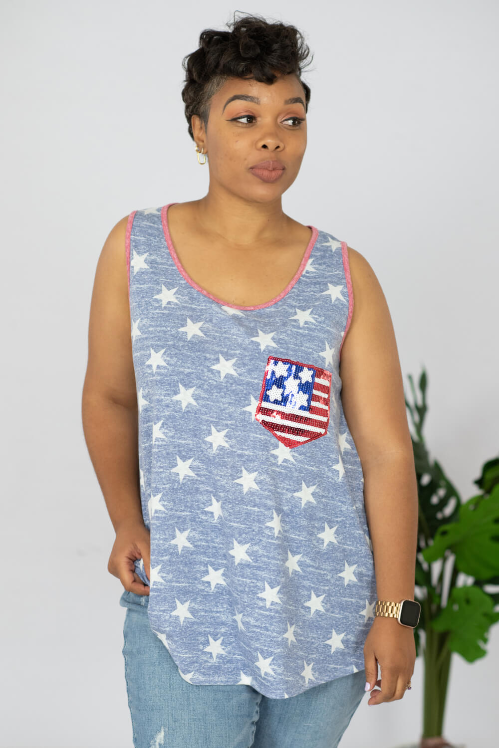 e. Luna Star Spangled Full Size Printed Sequin Pocket Tank