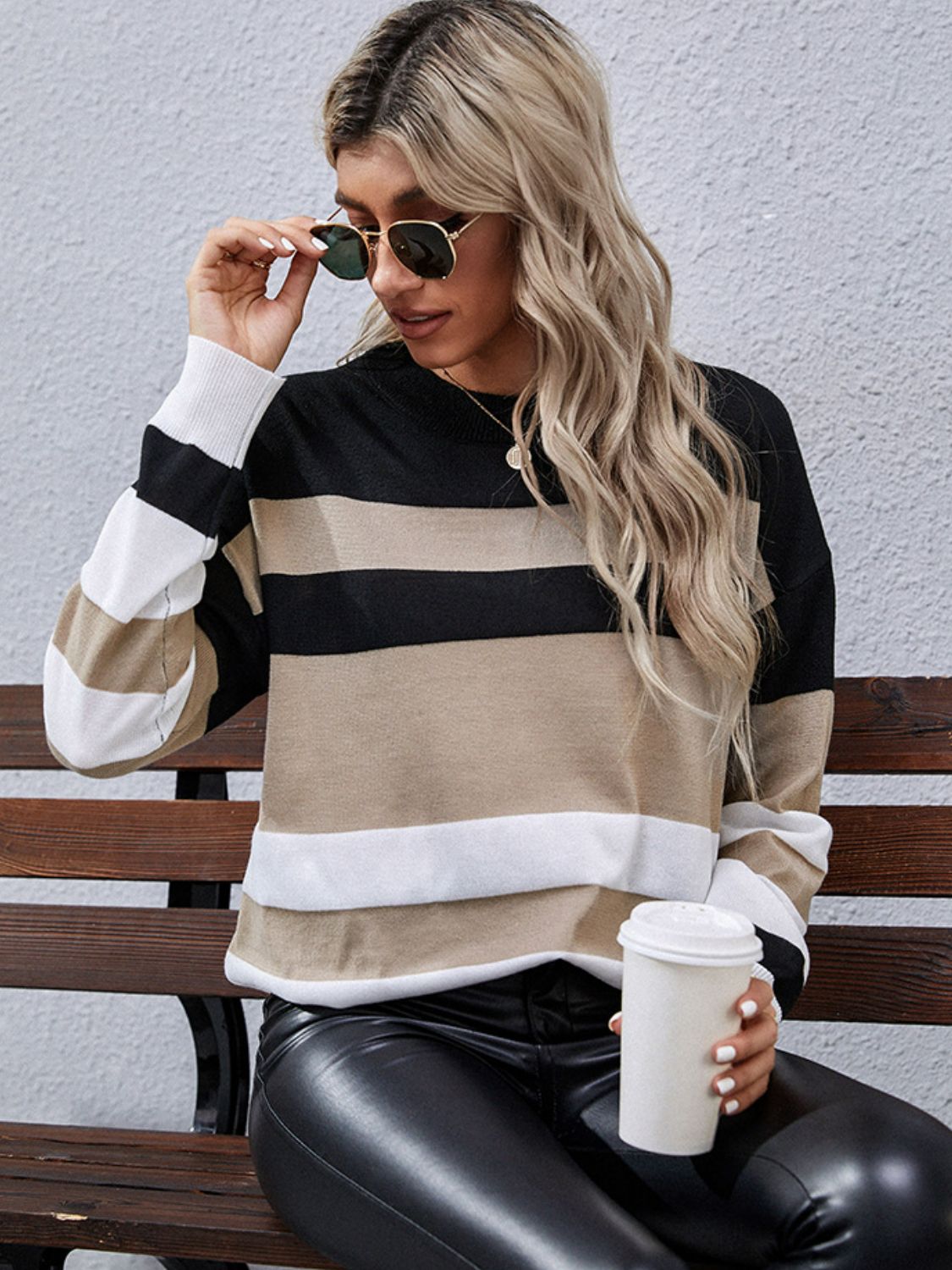 Striped Slit High-Low Dropped Shoulder Sweater