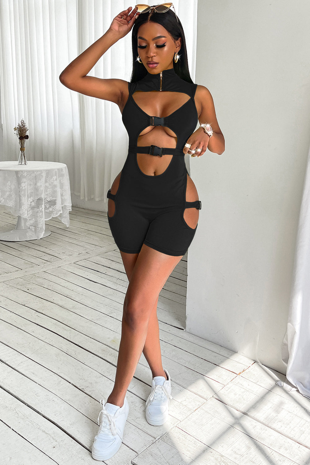 Cutout Zip Detail Mock Neck Romper