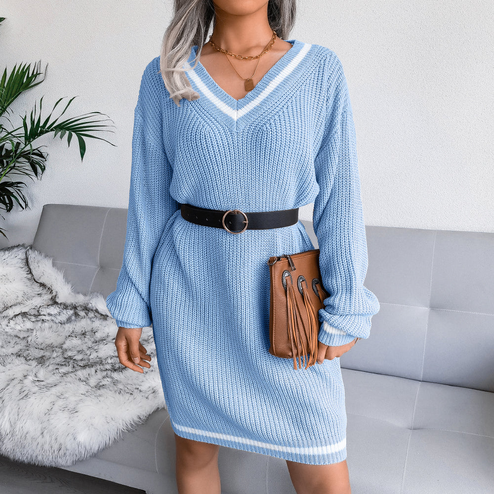 Single Striped Rib-Knit V-Neck Sweater Dress (Belt Not Included)