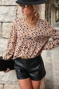 Leopard Print Balloon Sleeve Babydoll Blouse