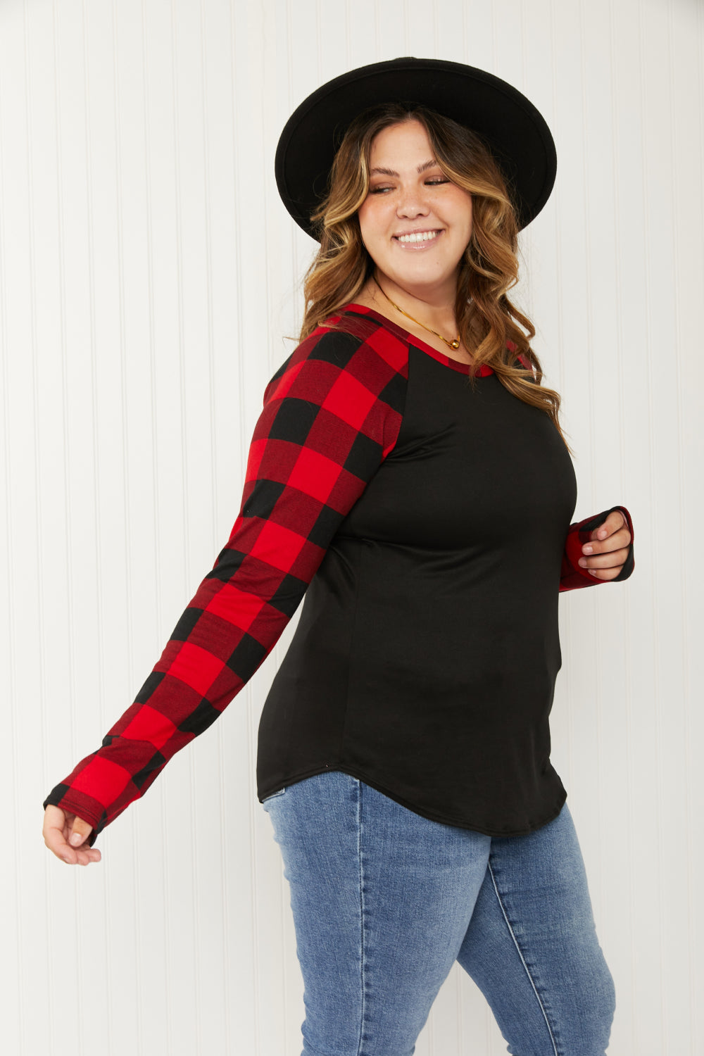 Acting Pro Cabin Weekend Full Size Plaid Contrast Sleeve Top